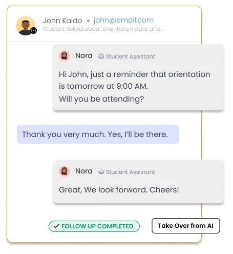 Student engagement AI Agent follows up with Orientation details