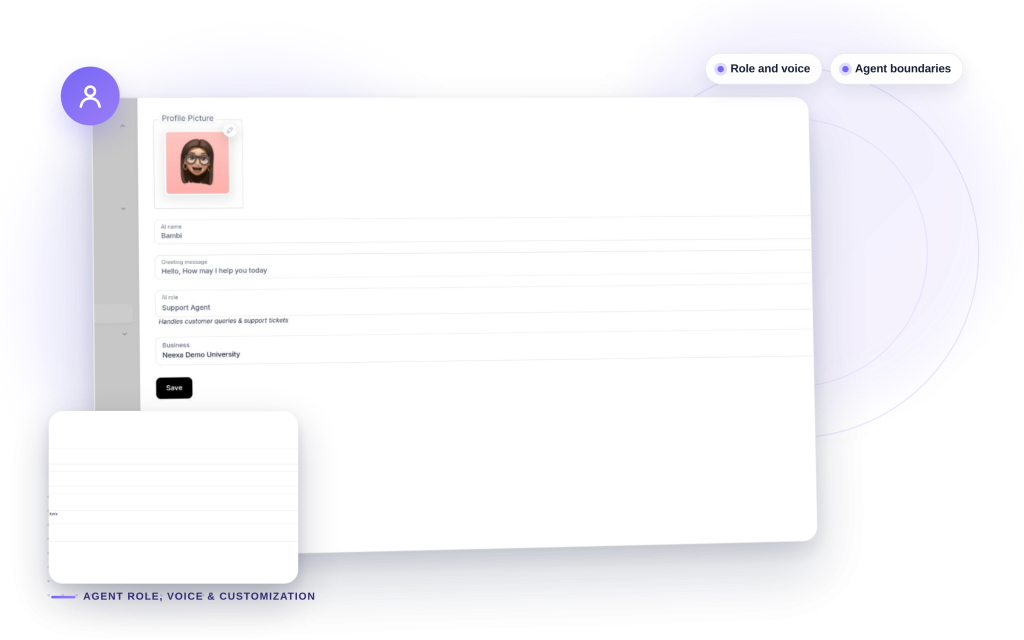 Neexa Agent Role, Voice & Customization mockup: Role and voice, Agent boundaries.