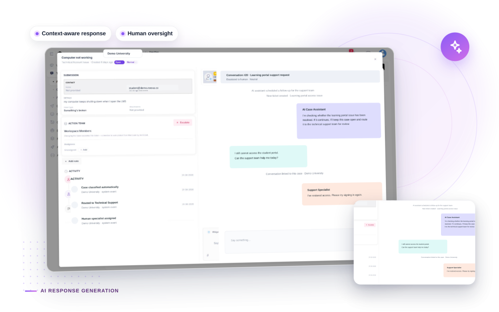 Neexa AI Response Generation mockup: Context-aware response, Human oversight.