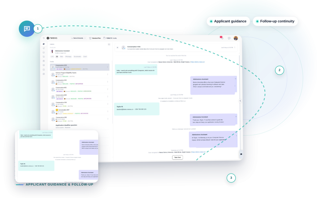 Neexa Applicant Guidance & Follow-Up mockup: Applicant guidance, Follow-up continuity.