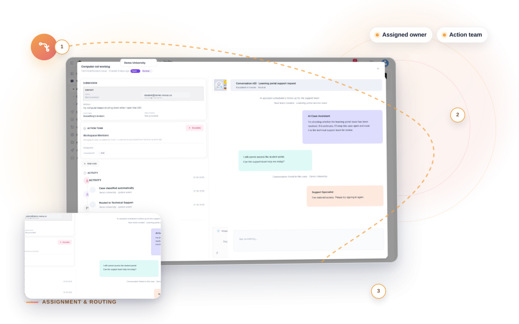 Neexa Assignment & Routing mockup: Assigned owner, Action team.