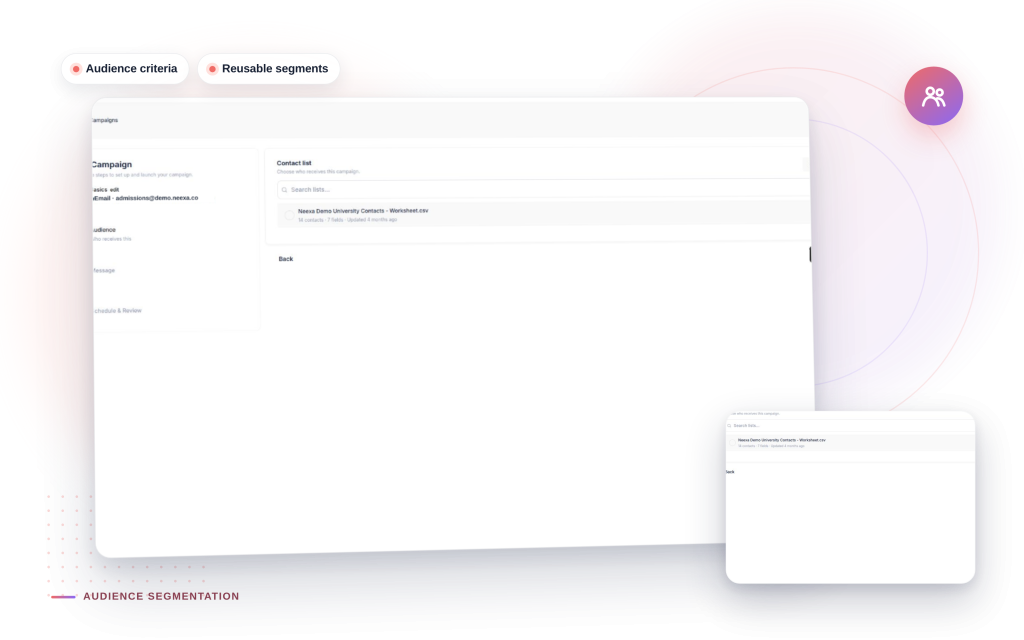 Neexa Audience Segmentation mockup: Audience criteria, Reusable segments.