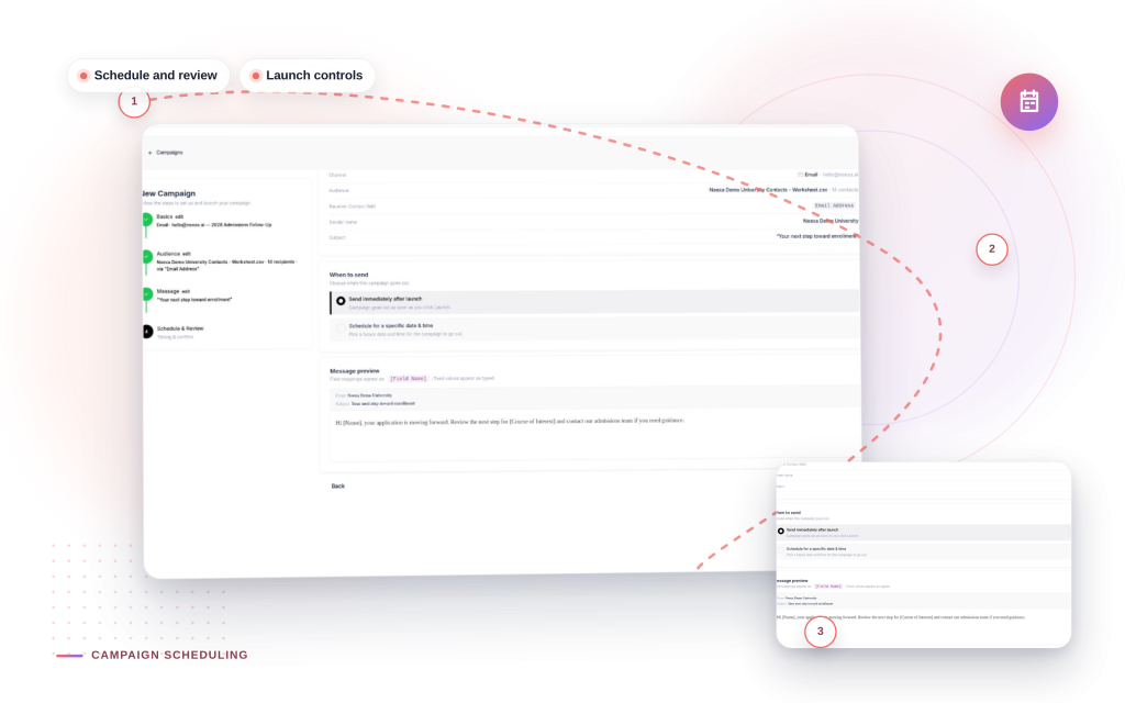 Neexa Campaign Scheduling mockup: Schedule and review, Launch controls.