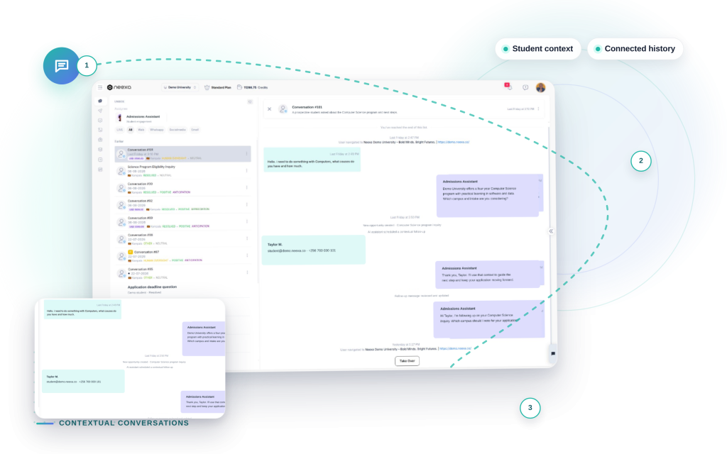 Neexa Contextual Conversations mockup: Student context, Connected history.