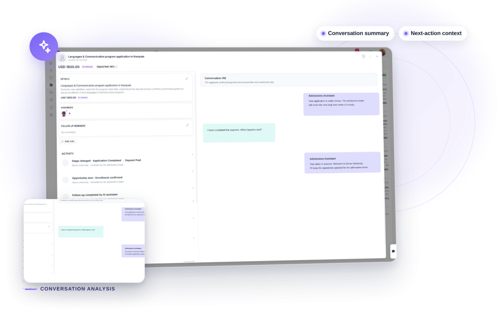 Neexa Conversation Analysis mockup: Conversation summary, Next-action context.