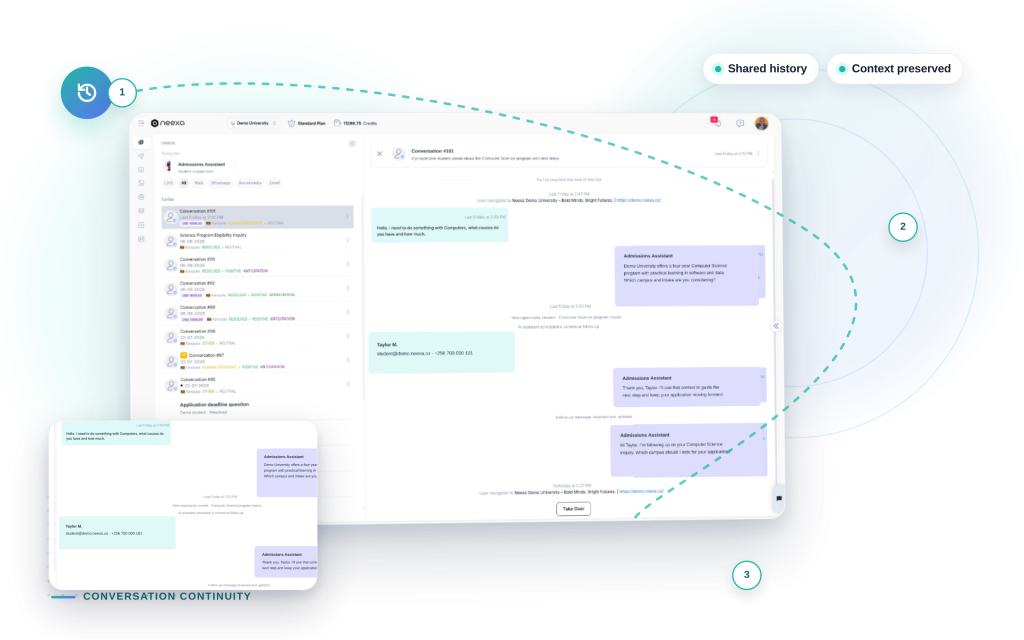 Neexa Conversation Continuity mockup: Shared history, Context preserved.