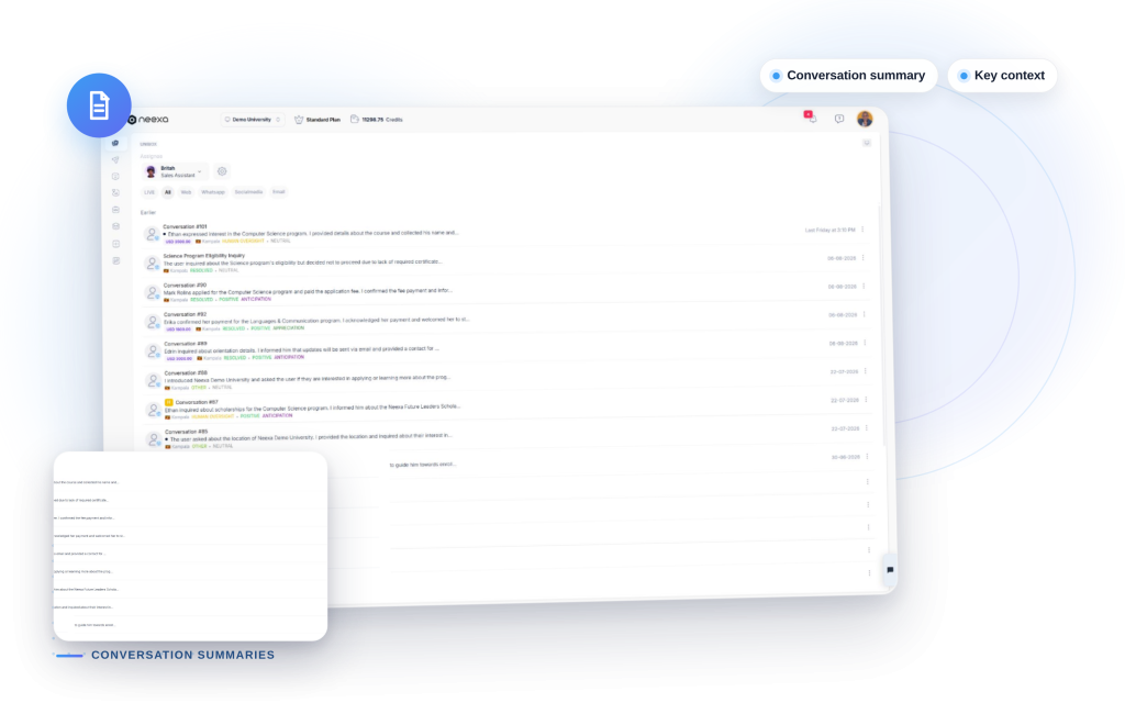 Neexa Conversation Summaries mockup: Conversation summary, Key context.
