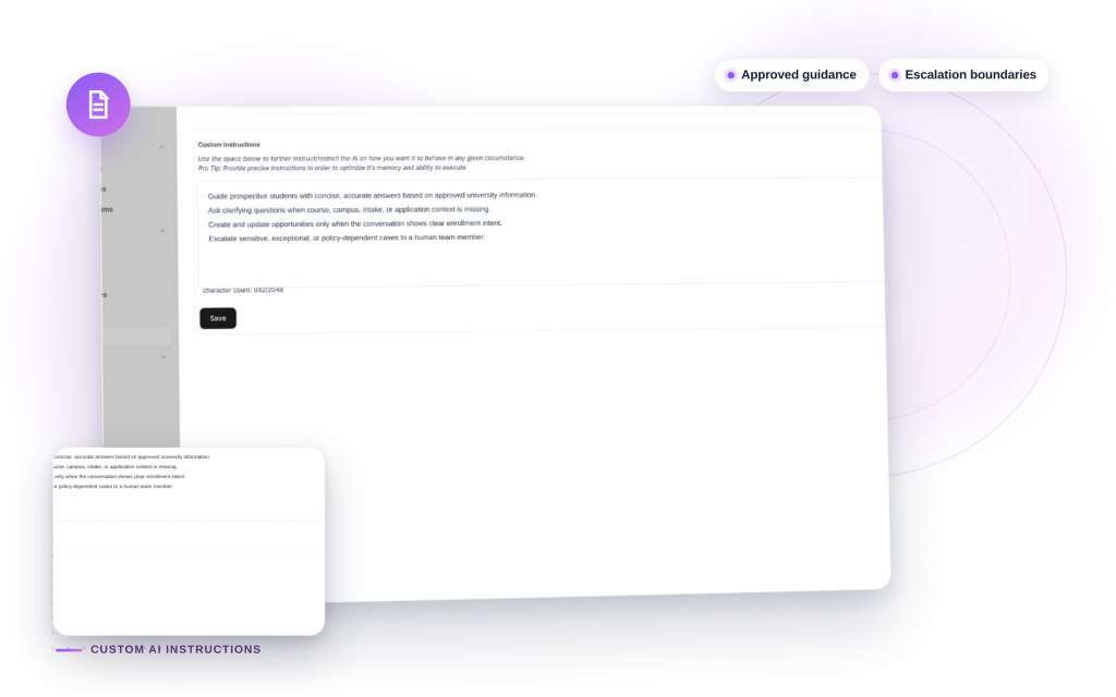Neexa Custom AI Instructions mockup: Approved guidance, Escalation boundaries.