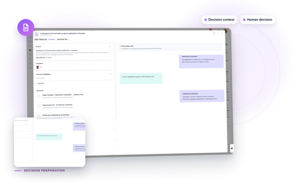 Neexa Decision Preparation mockup: Decision context, Human decision.