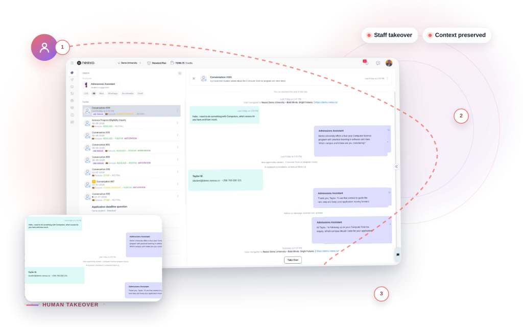 Neexa Human Takeover mockup: Staff takeover, Context preserved.