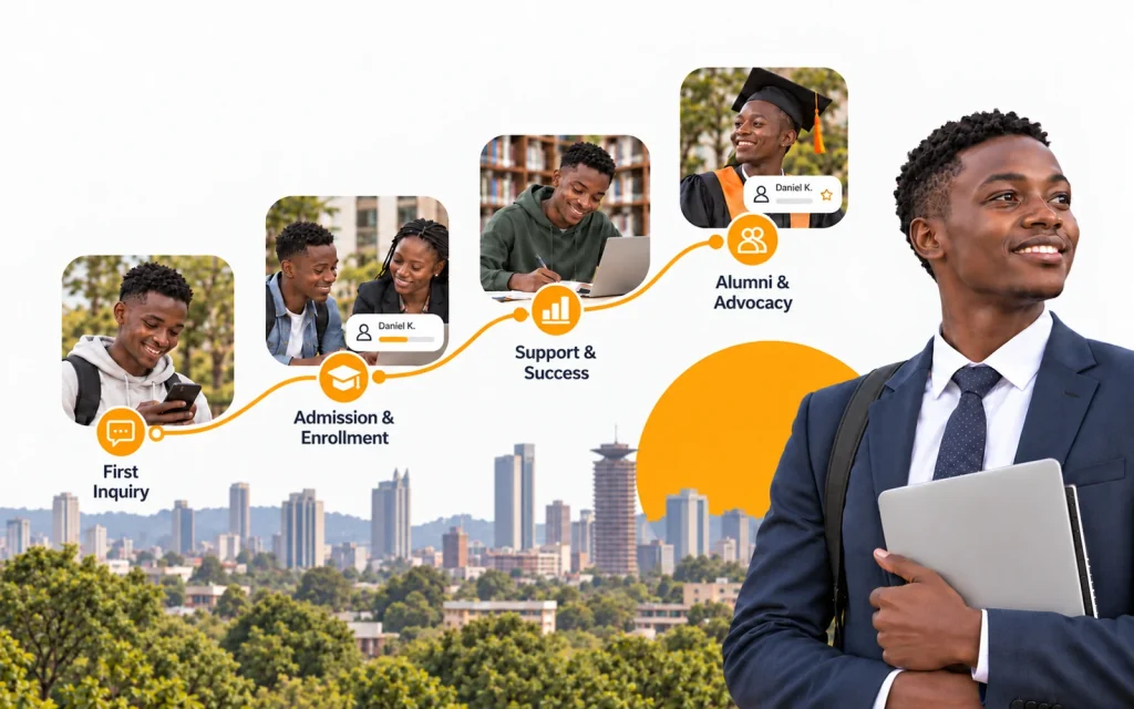 A Kenyan student’s journey from first inquiry through admission, support and alumni advocacy above the Nairobi skyline.