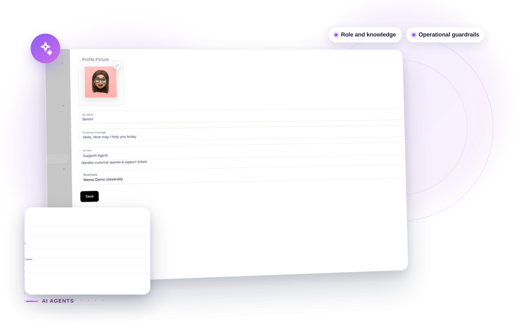 Neexa AI Agents mockup: Role and knowledge, Operational guardrails.