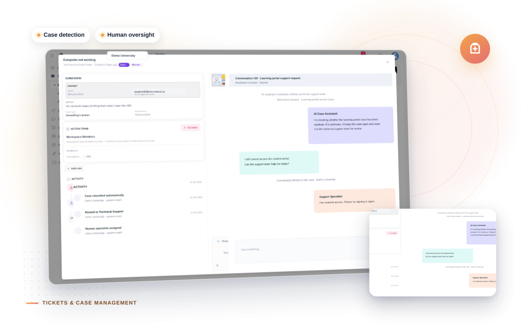 Neexa Tickets & Case Management mockup: Case detection, Human oversight.