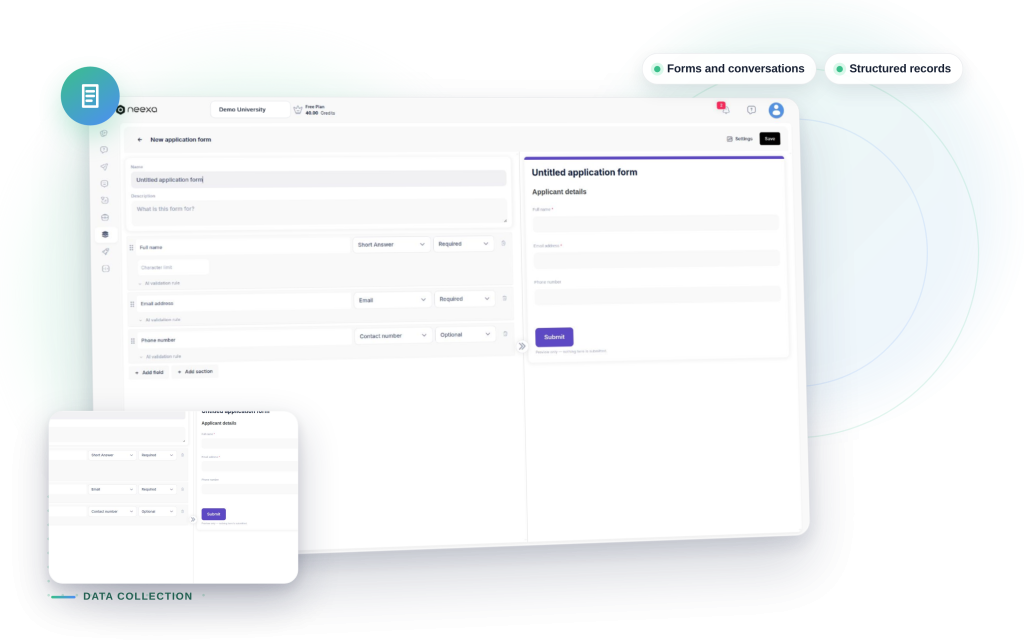 Neexa Data Collection mockup: Forms and conversations, Structured records.