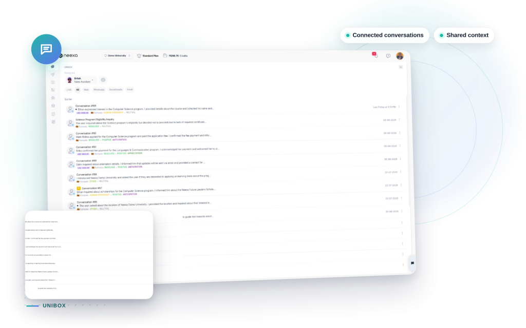 Neexa Unibox mockup: Connected conversations, Shared context.