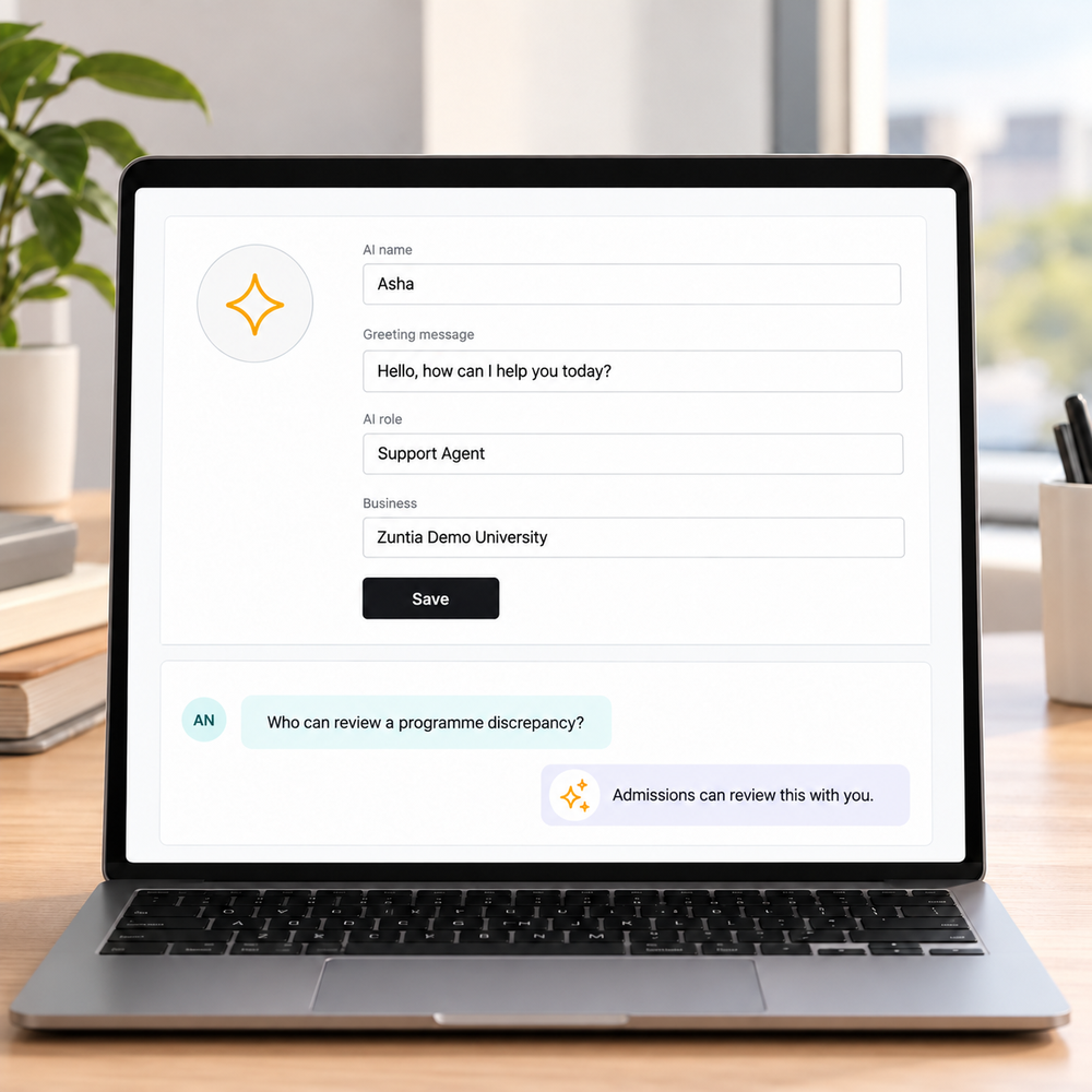 Asha’s agent profile defines a support role and greeting beside a relevant institutional response.