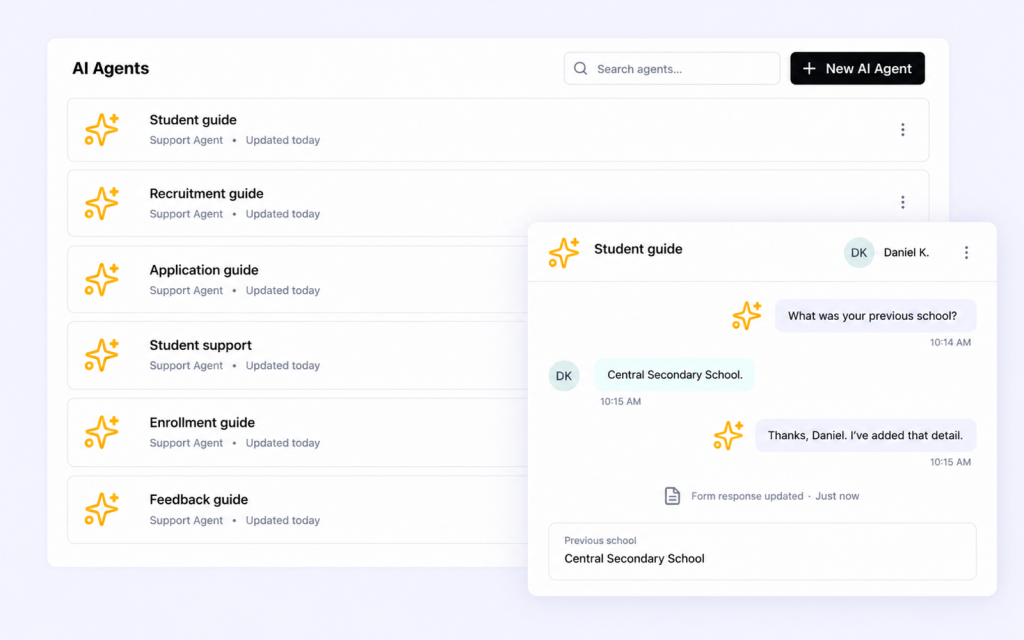The AI Agents directory supports a student guide collecting Daniel’s previous-school detail and updating the structured response.