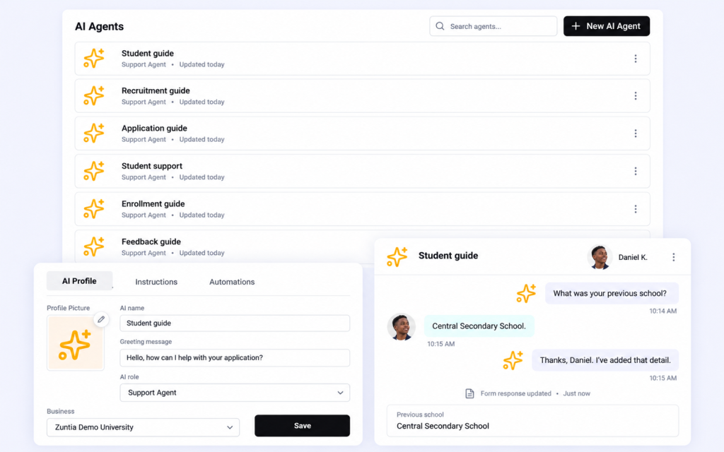 Six configured AI roles, a separate AI Profile panel and Daniel’s guided collection updating a structured response.