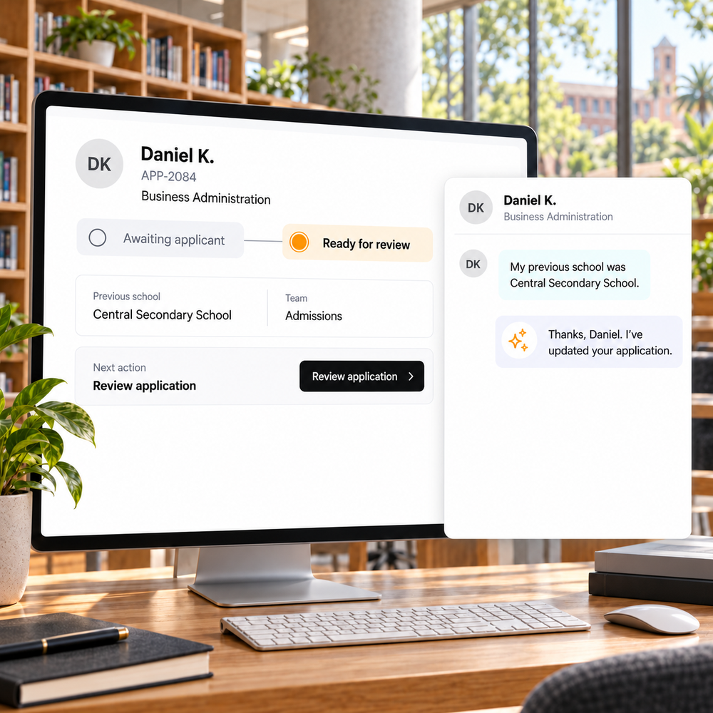 Daniel supplies a missing previous-school detail, supporting progression from Awaiting applicant to Ready for review with Admissions as the next team.