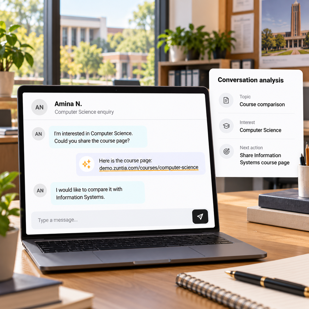 Amina’s comparison request supports a course-comparison signal and a next action to share the Information Systems page.