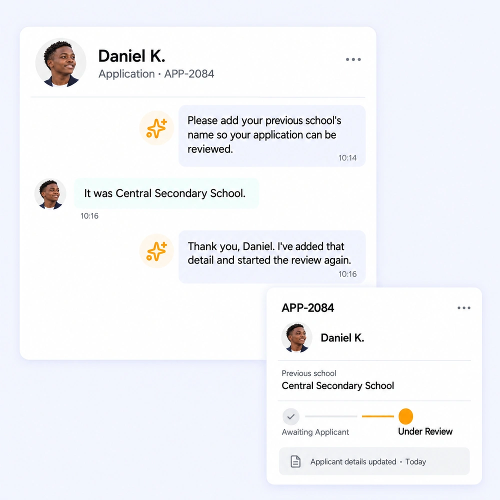 Daniel supplies his previous school's name, and the updated application returns to review.