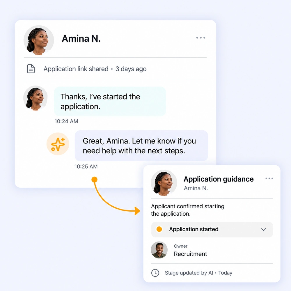 Amina confirms starting her application, prompting helpful AI continuation and an updated CRM opportunity stage.