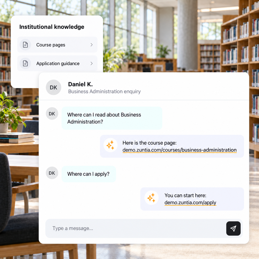 An AI agent answers Daniel’s course enquiry and continues with the application link, using institutional knowledge.