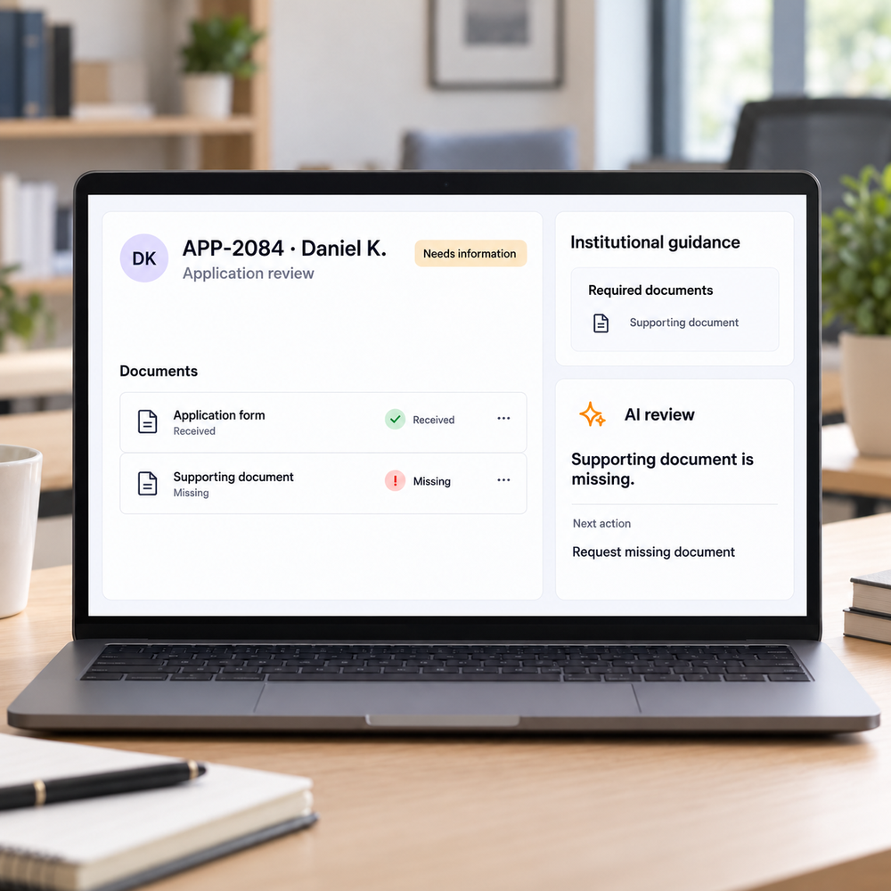 An AI application review compares submitted evidence with required documents and identifies a missing supporting document.