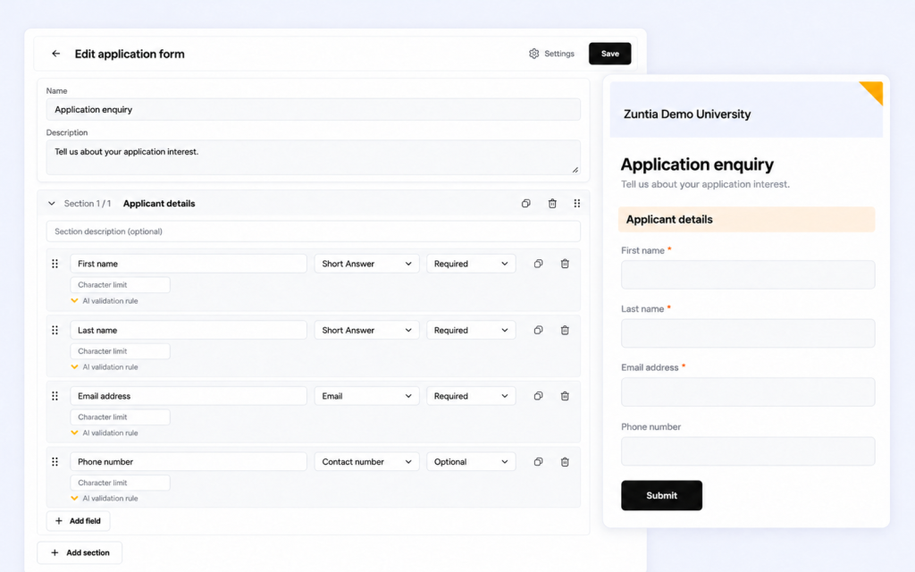 Normally proportioned application-form builder with a narrower respondent form and restrained Zuntia cover.