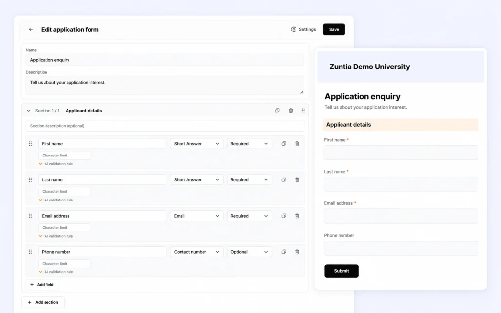 The current form builder and respondent view show matching applicant fields and a simple Zuntia cover.