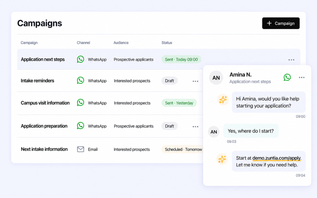 A WhatsApp-led campaign list connects application outreach, Amina’s reply and helpful AI continuation in Unibox.