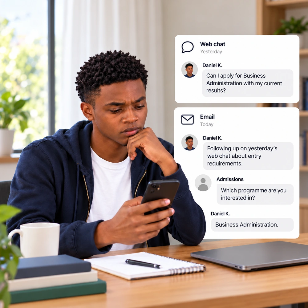 A prospective student repeats his programme choice by email after asking about eligibility in web chat.