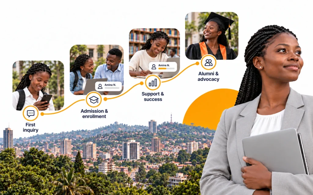 A Ugandan student’s journey from first enquiry through enrollment, support and alumni advocacy above Kampala.