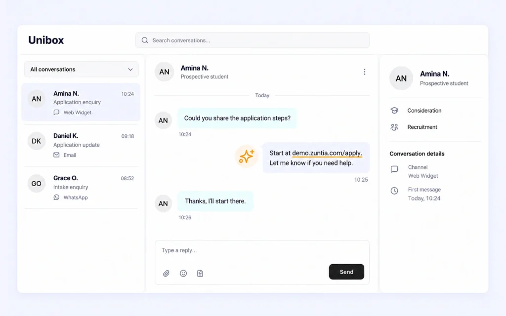 Unibox connects channel conversations with Amina’s relationship context while AI provides application guidance.