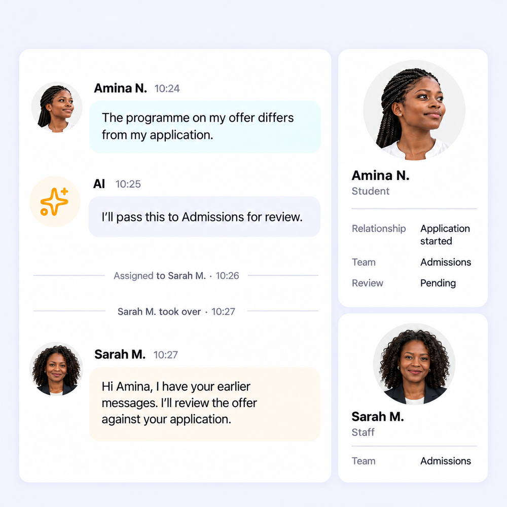 Sarah takes over an offer conversation with Amina’s earlier messages and pending review context intact.