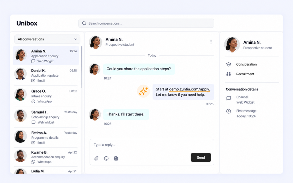 Populated shared conversation list with natural portraits, overflow and Amina’s application guidance in context.